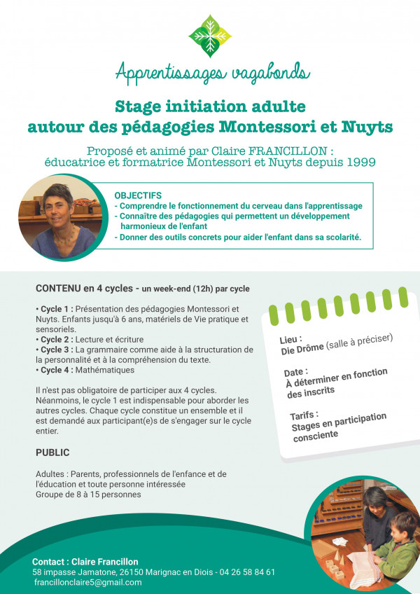 Stage initiation adulte autour des pédagogies MONTESSORI et NUYTS