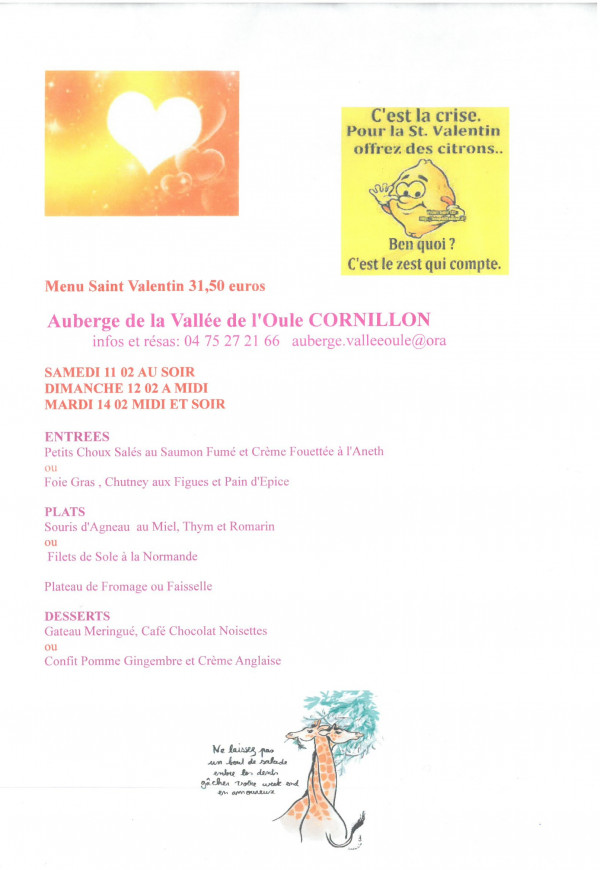 Menu de la Saint Valentin à l'Auberge de la Vallée de L'Oule