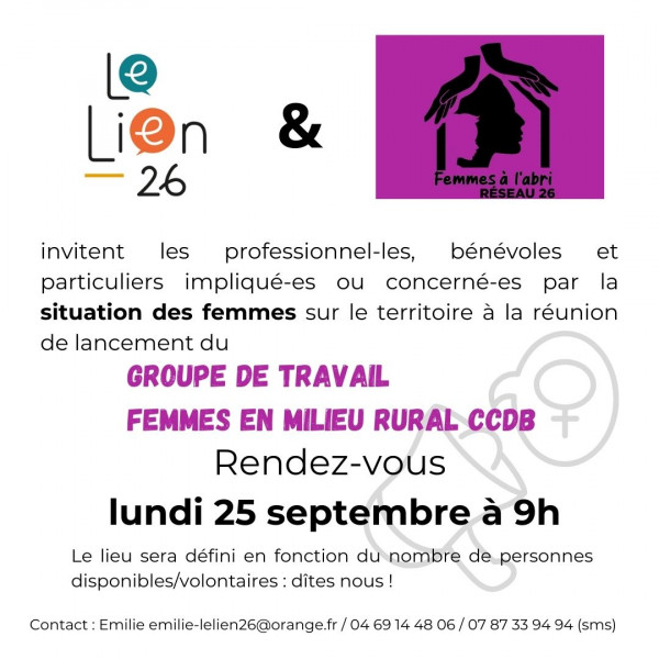 Le Lien 26 et Réseau Femmes à l'abri 26 : lancement du groupe de travail Femmes en milieu rural le lundi 25 septembre à 9h