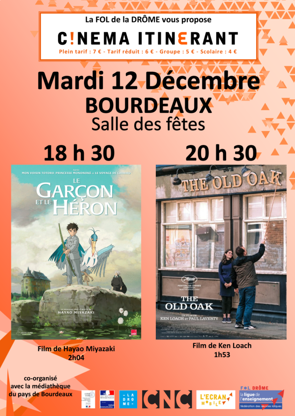 12/12- "Le Garçon et le héron" et "The Old oak" au cinéma de Bourdeaux
