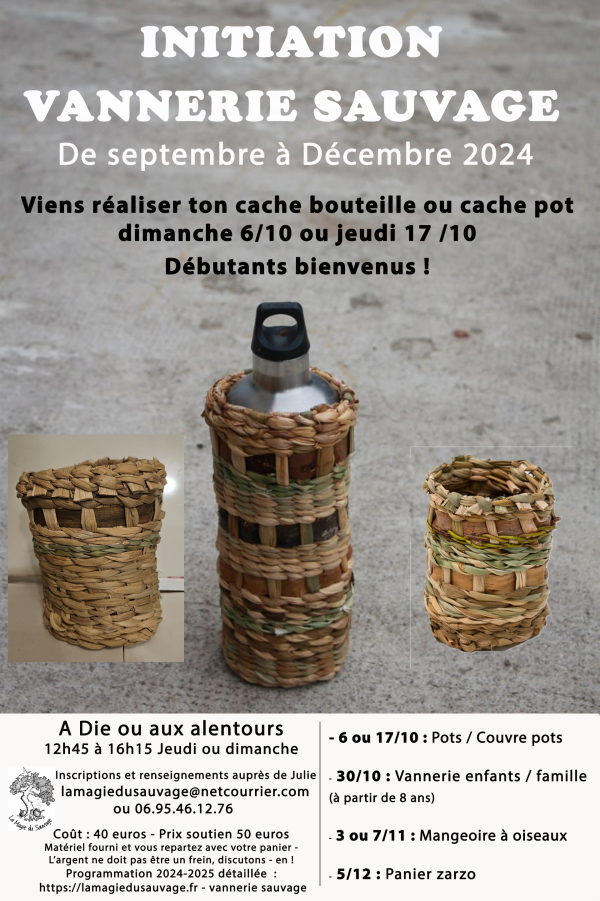 Initiation vannerie sauvage cache bouteille, cache pot